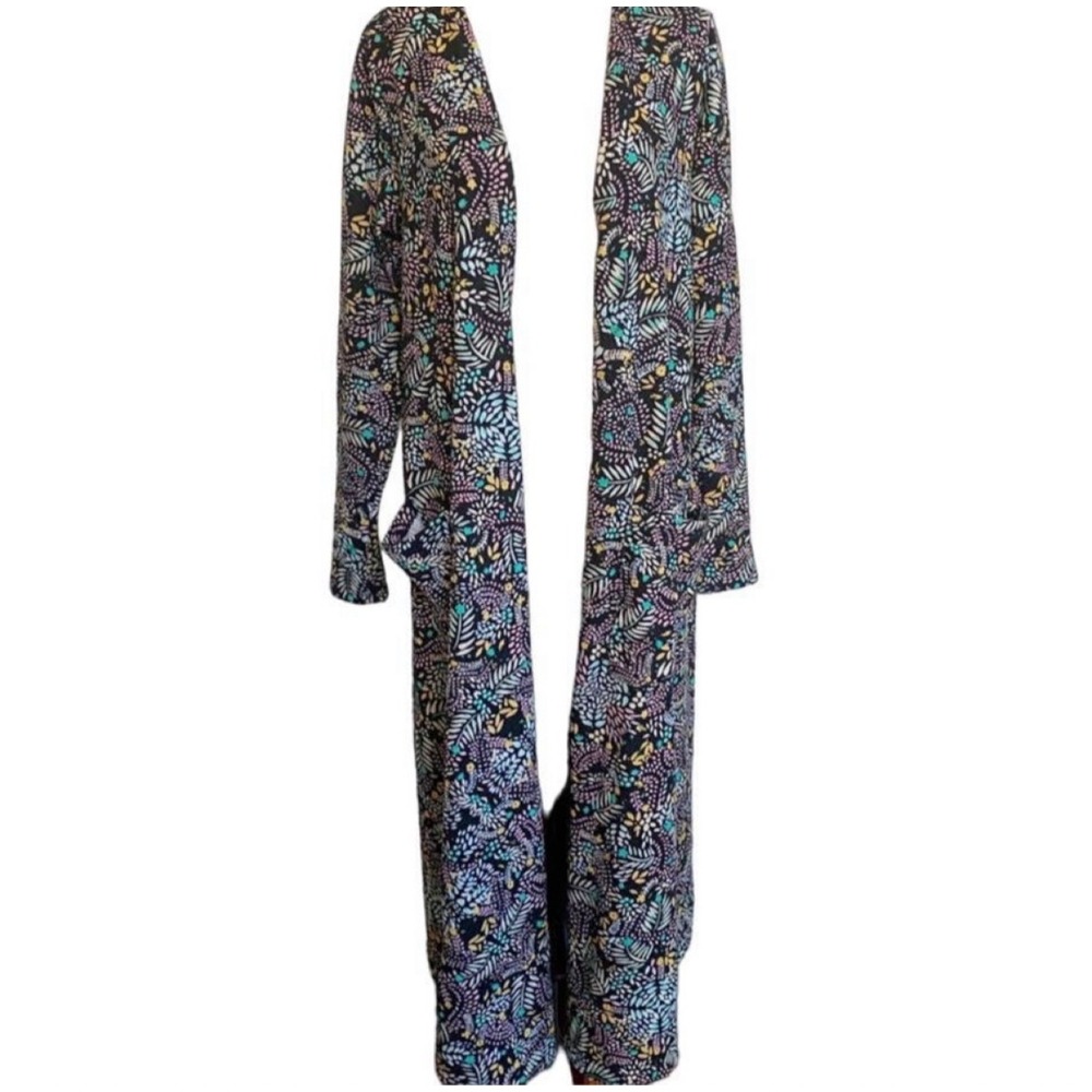 LuLaRoe Sarah Sweater Duster Black Multicolor Floral Vines Cardigan Medium